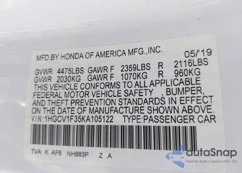 2019 Honda Accord Sport from USA, damaged, VIN 1HGCV1F35KA105122